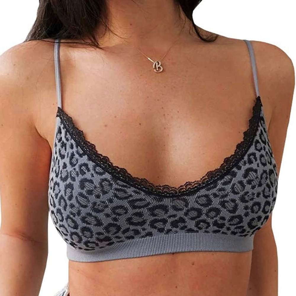 Lace trim Leopard Print Seamless Wirefree Bra Stone blue size L